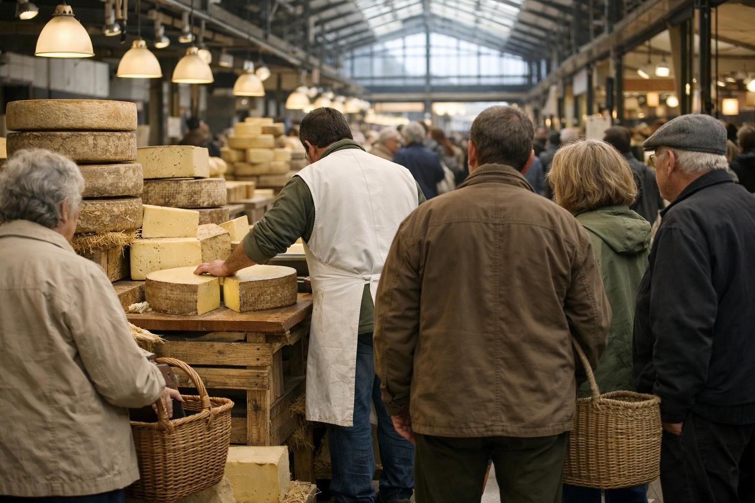 Clients qui attendent devant un étal de fromager dans un marché couvert