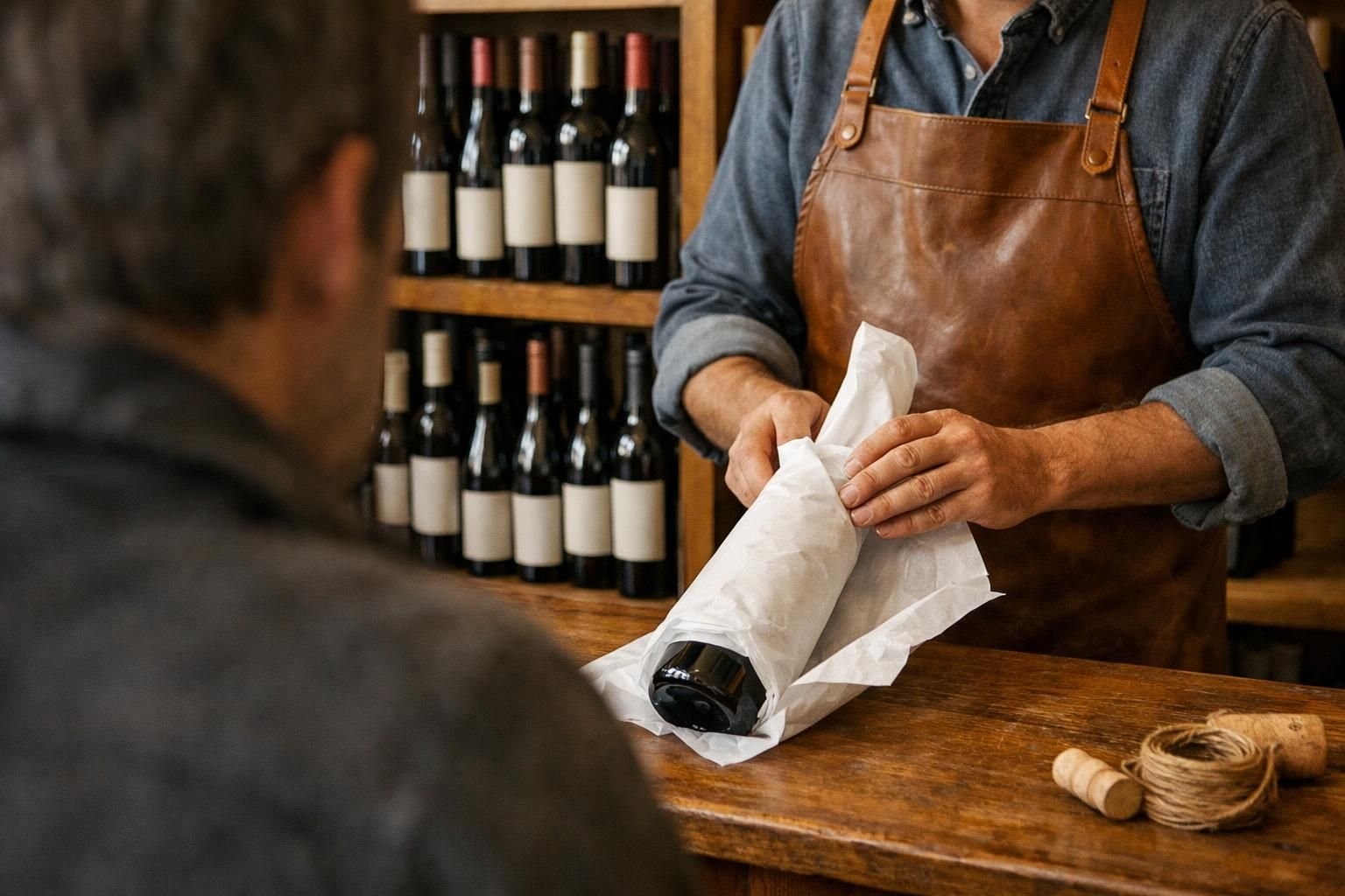 Caviste qui emballe une bouteille de vin pour un client au comptoir