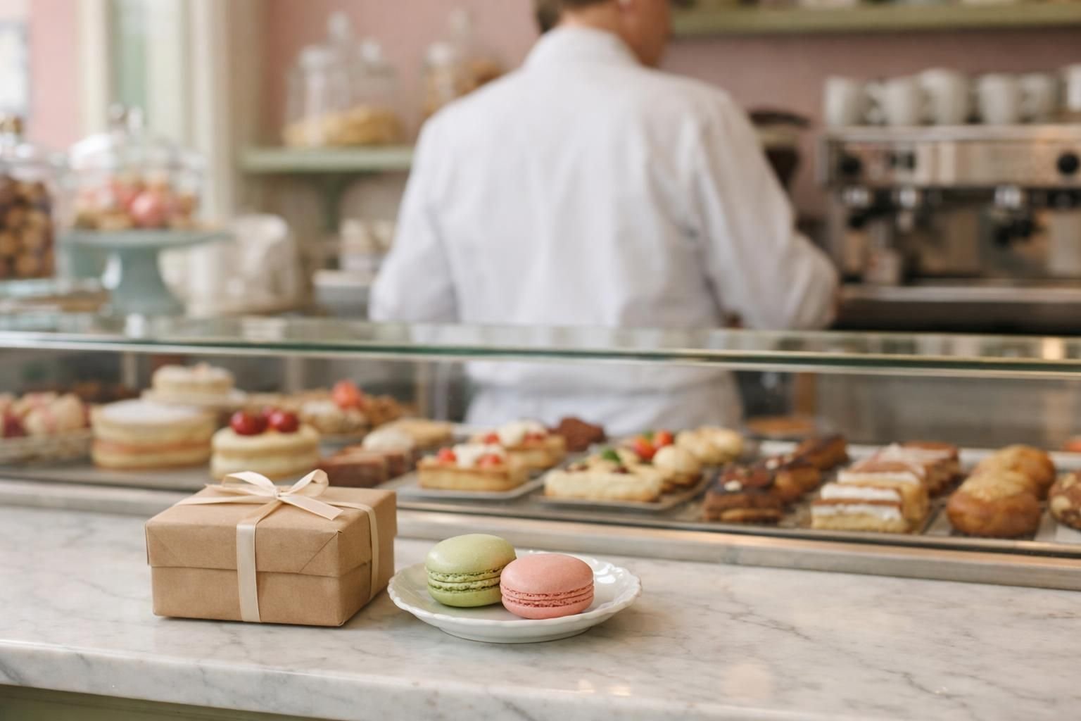 Petit cadeau emballé et macarons sur le comptoir d'une pâtisserie