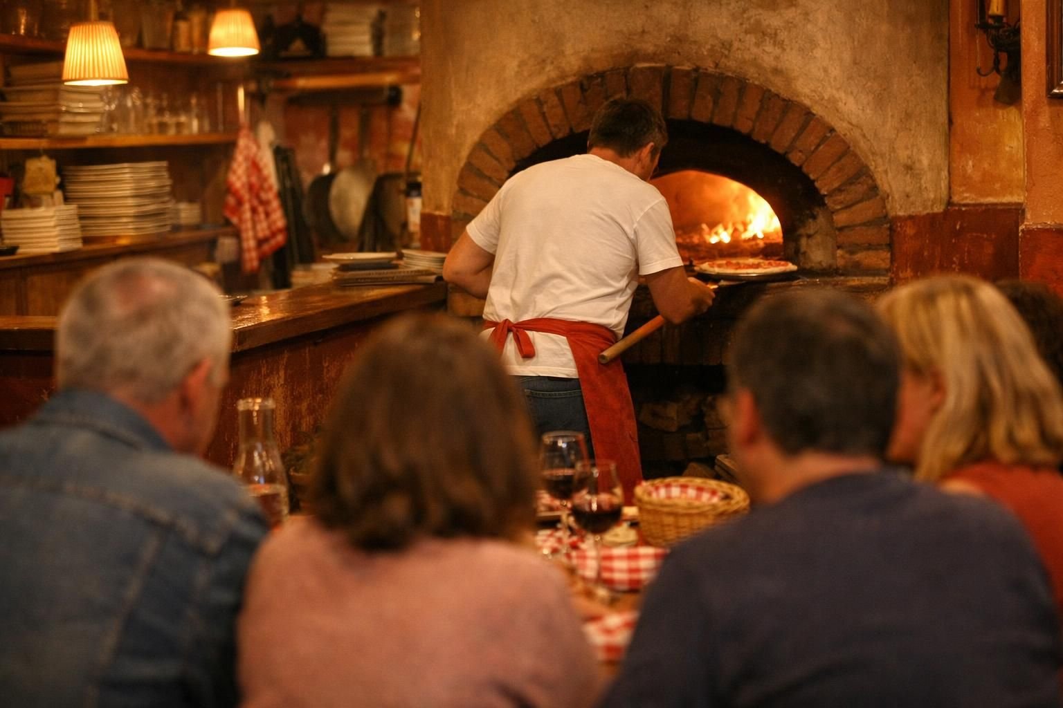 Clients attablés devant le four à bois d'une pizzeria le soir