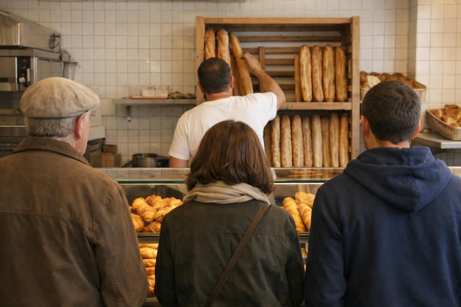 Clients qui attendent au comptoir d'une boulangerie de quartier le matin