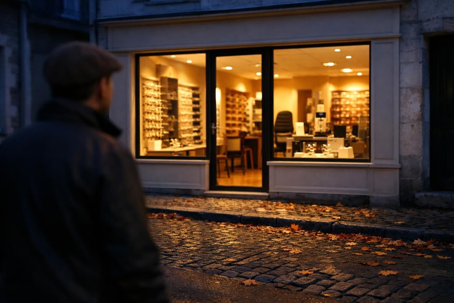 Passant qui regarde la vitrine éclairée d'un opticien dans une rue pavée