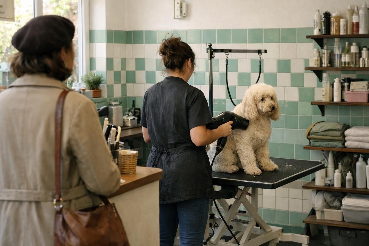 Toiletteuse qui sèche un caniche pendant que sa propriétaire attend au comptoir