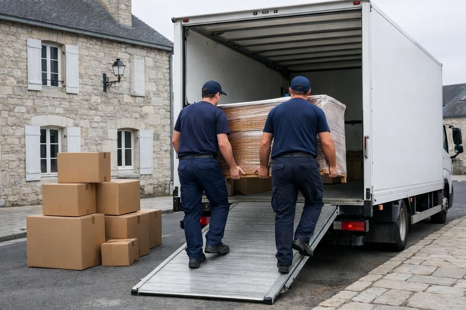 Deux déménageurs de dos qui chargent un meuble emballé dans un camion