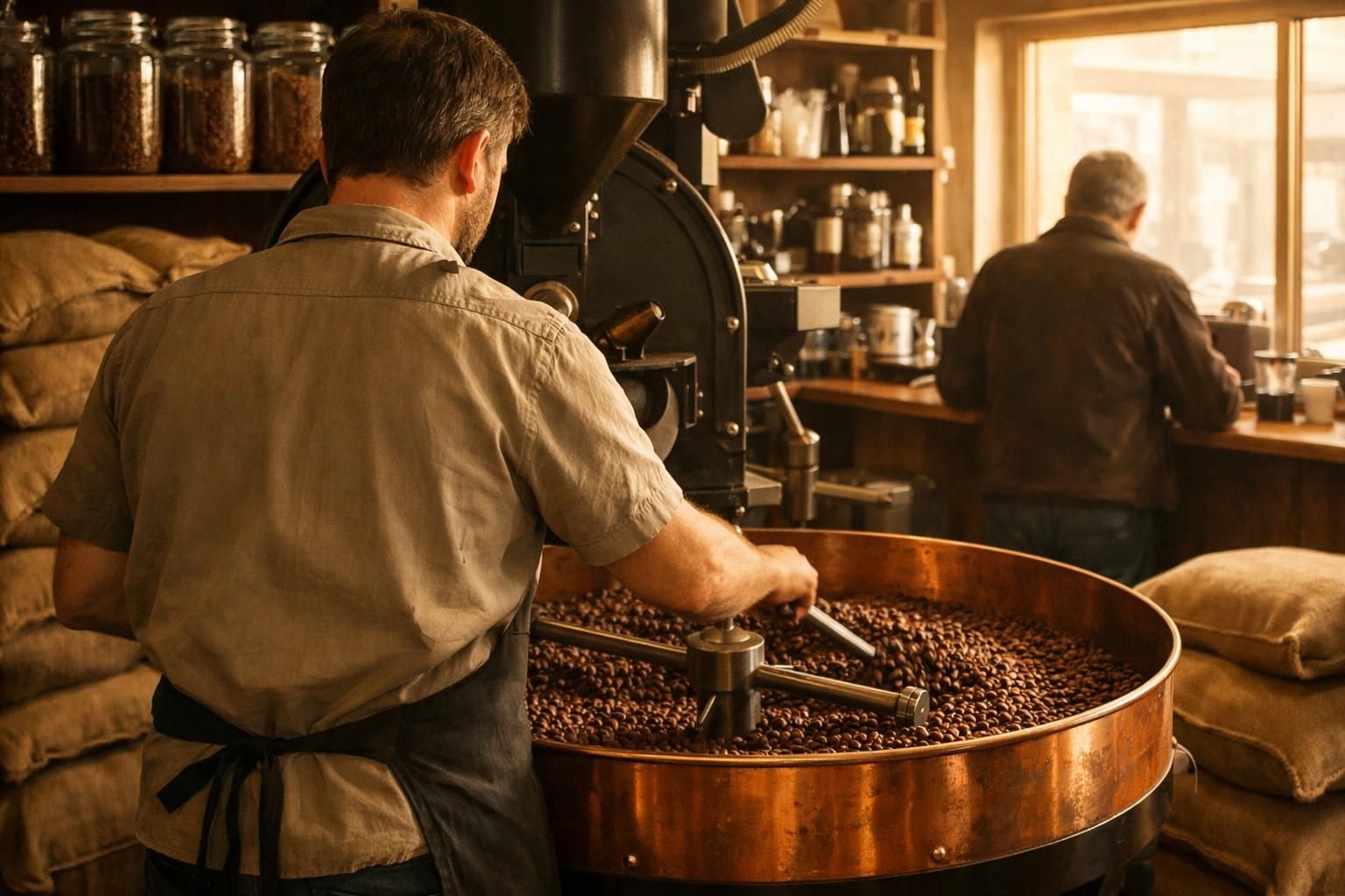 Torréfacteur de dos qui remue des grains de café dans un bac en cuivre