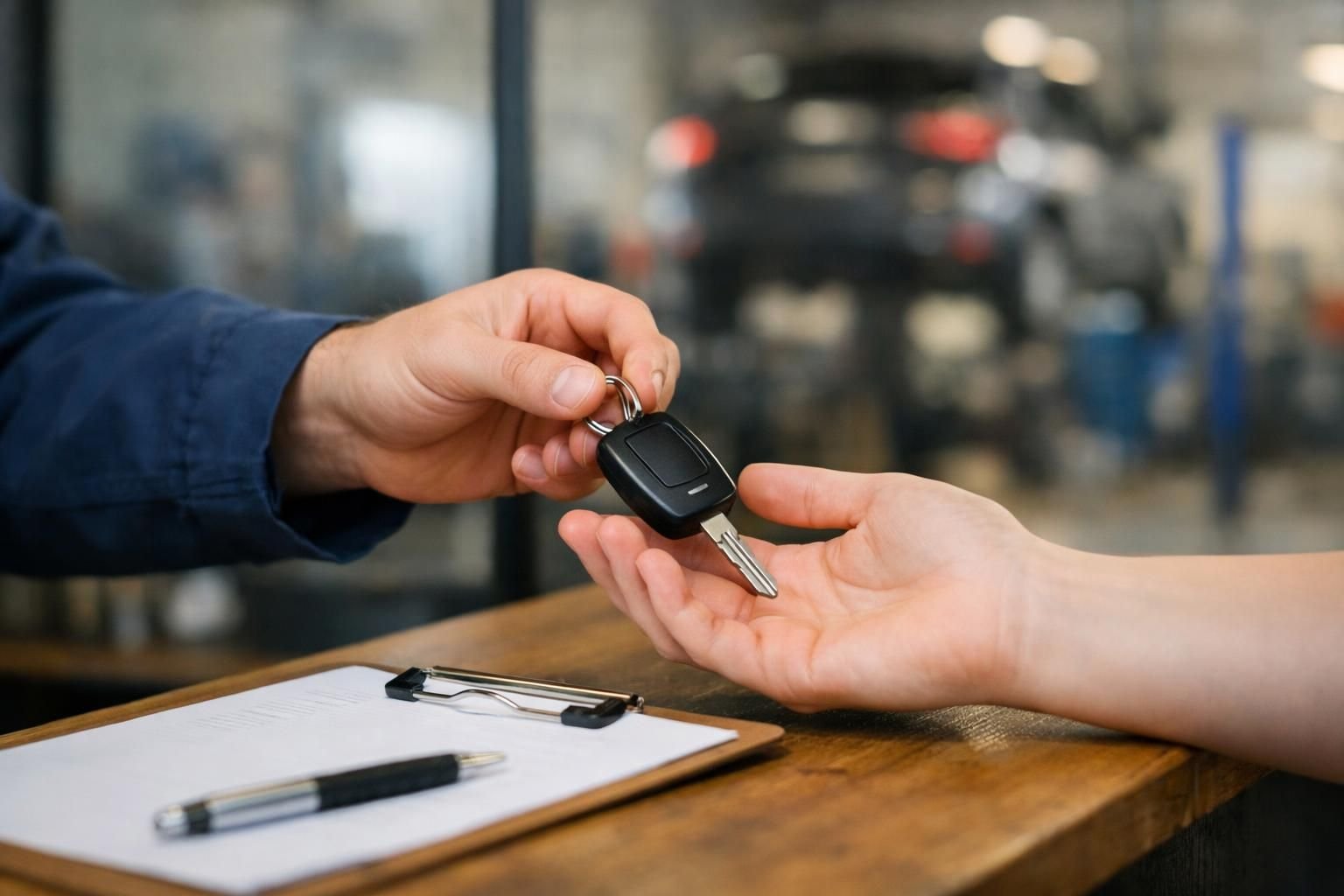 Mécanicien qui rend les clés de voiture à un client au comptoir