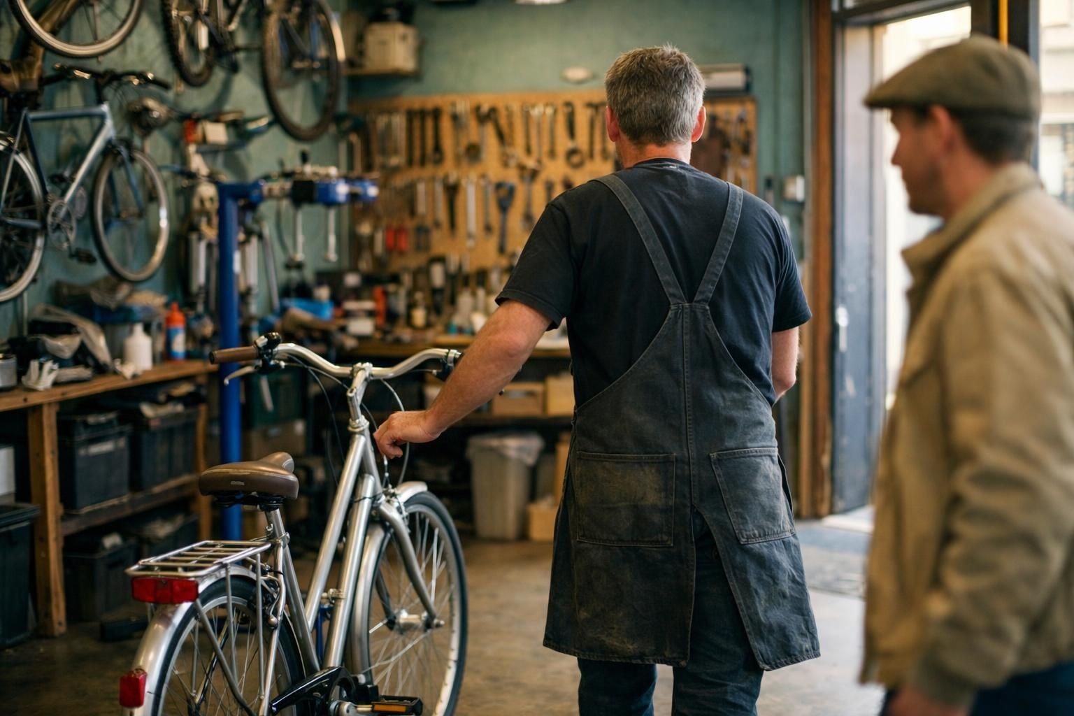 Réparateur de vélos qui rend un vélo réparé à un client