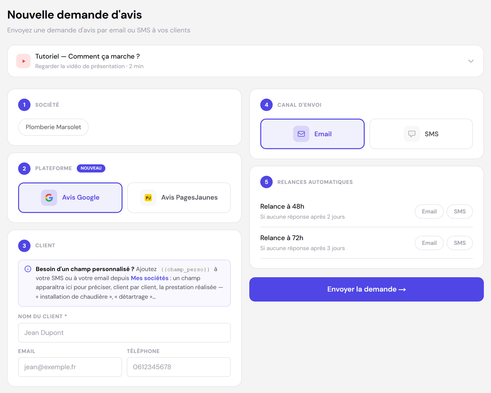 Écran DropAvis de nouvelle demande d'avis Google par e-mail ou SMS