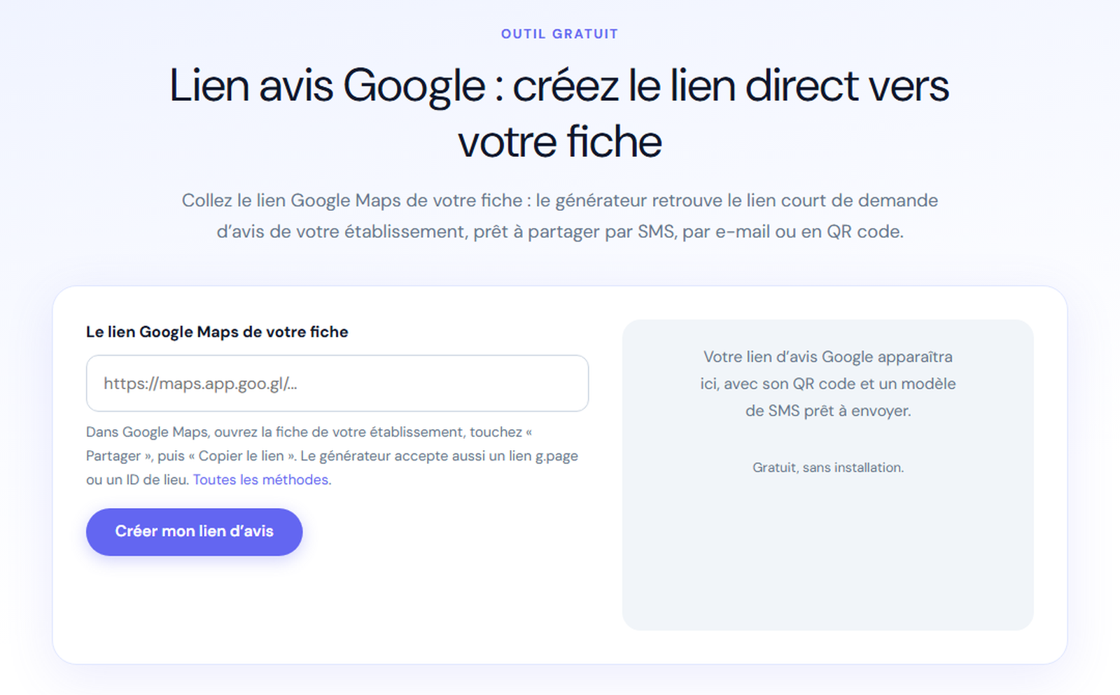 Générateur gratuit de lien d'avis Google DropAvis à partir du lien Maps