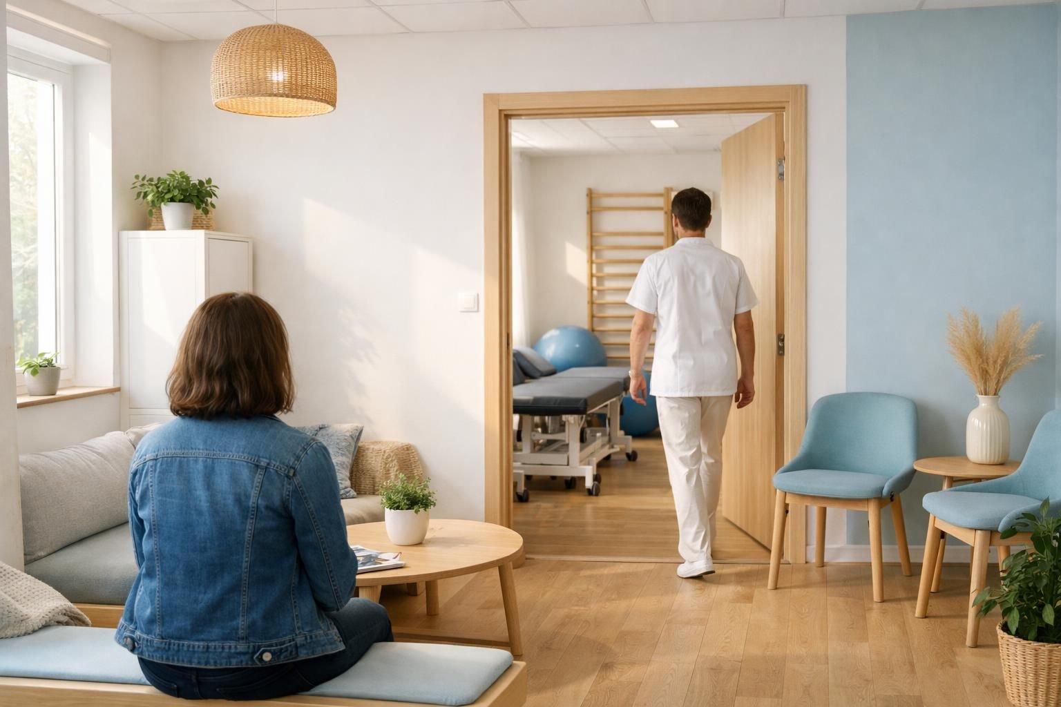 Patiente qui attend dans la salle d'attente lumineuse d'un cabinet de kinésithérapie