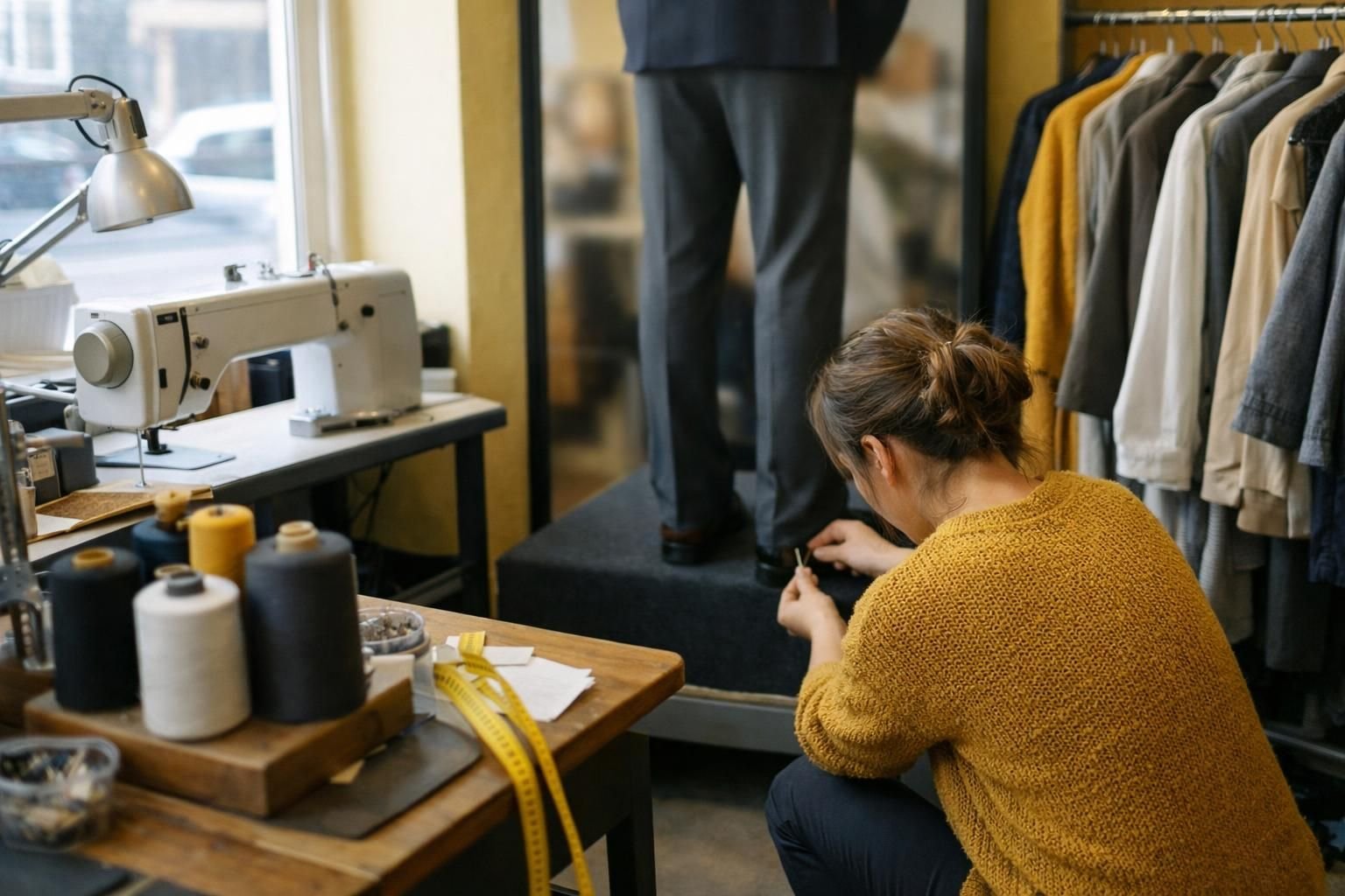 Couturière de dos qui épingle l'ourlet d'un pantalon dans sa retoucherie