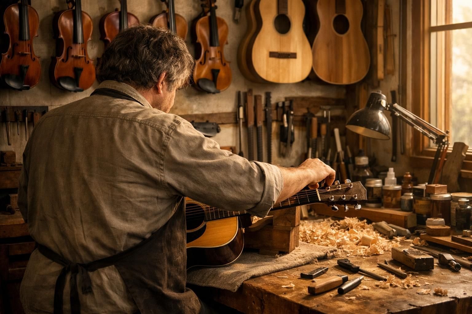 Luthier de dos qui règle les cordes d'une guitare dans son atelier