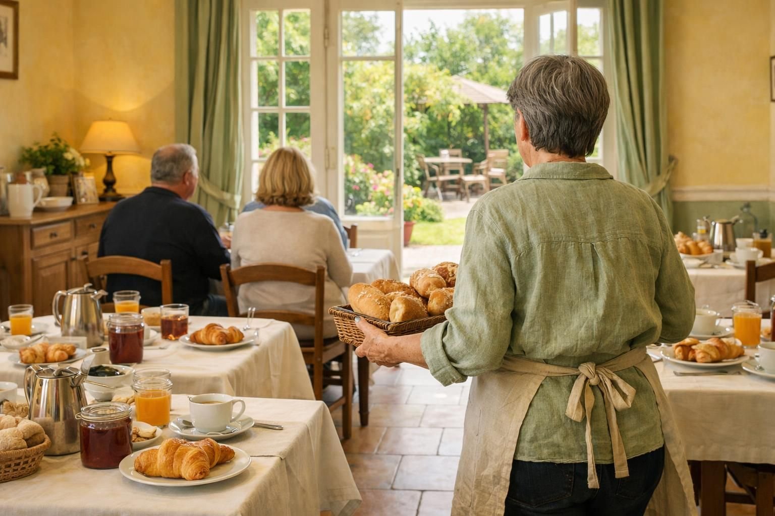Hôtesse d'une chambre d'hôtes qui sert le petit-déjeuner à ses clients