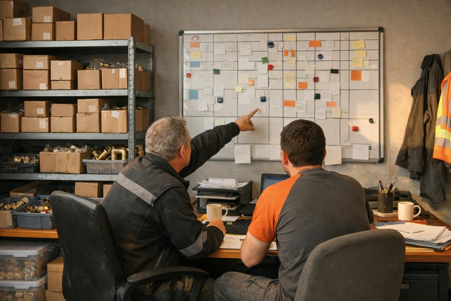 Deux artisans qui organisent le planning de la semaine au bureau