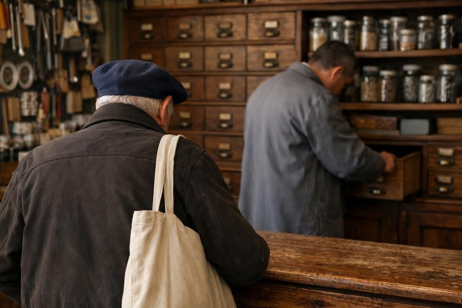 Client âgé au comptoir d'une quincaillerie pendant que le commerçant cherche un article