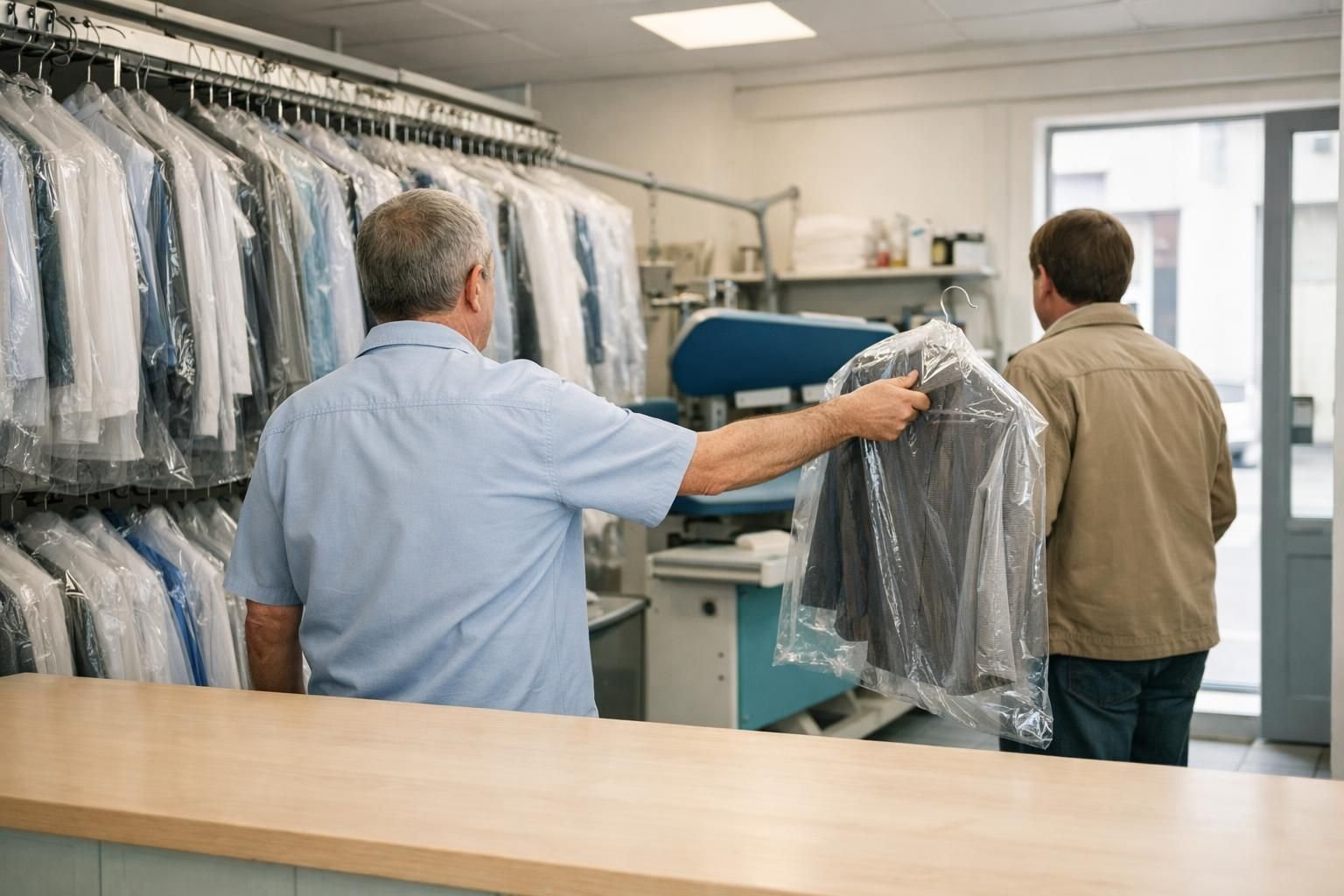 Gérant d'un pressing qui rend un vêtement sous housse à un client
