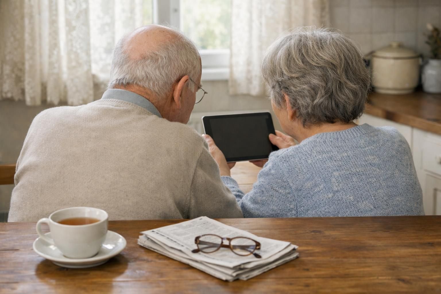Couple de retraités qui regarde une tablette ensemble à la table de la cuisine