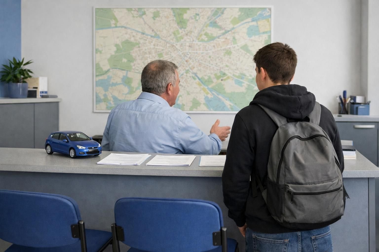 Gérant d'auto-école qui accueille un jeune élève à l'accueil