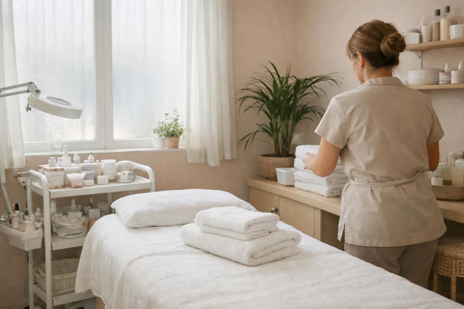 Esthéticienne qui prépare sa cabine de soin le matin
