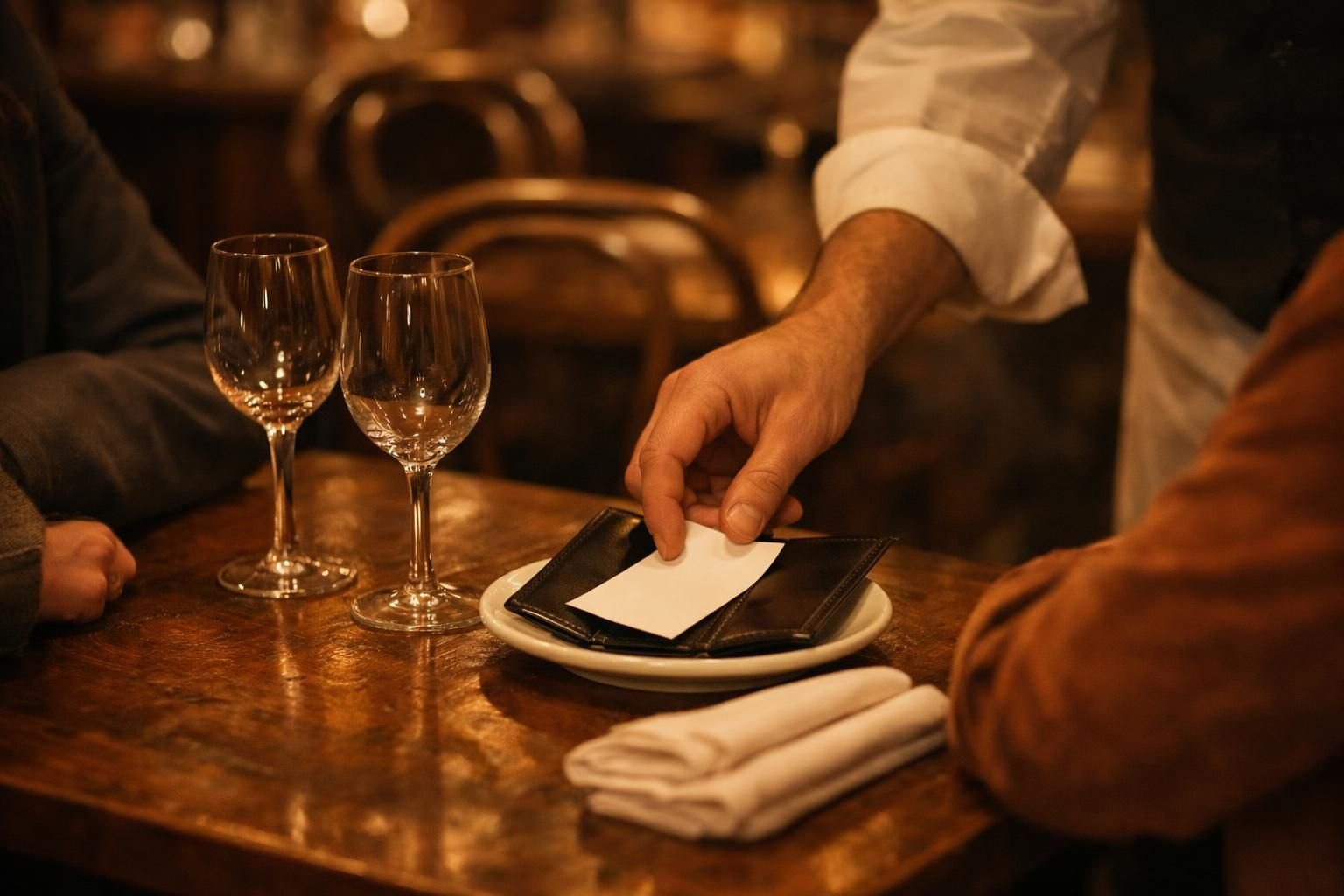 Serveur qui apporte l'addition à une table en fin de repas