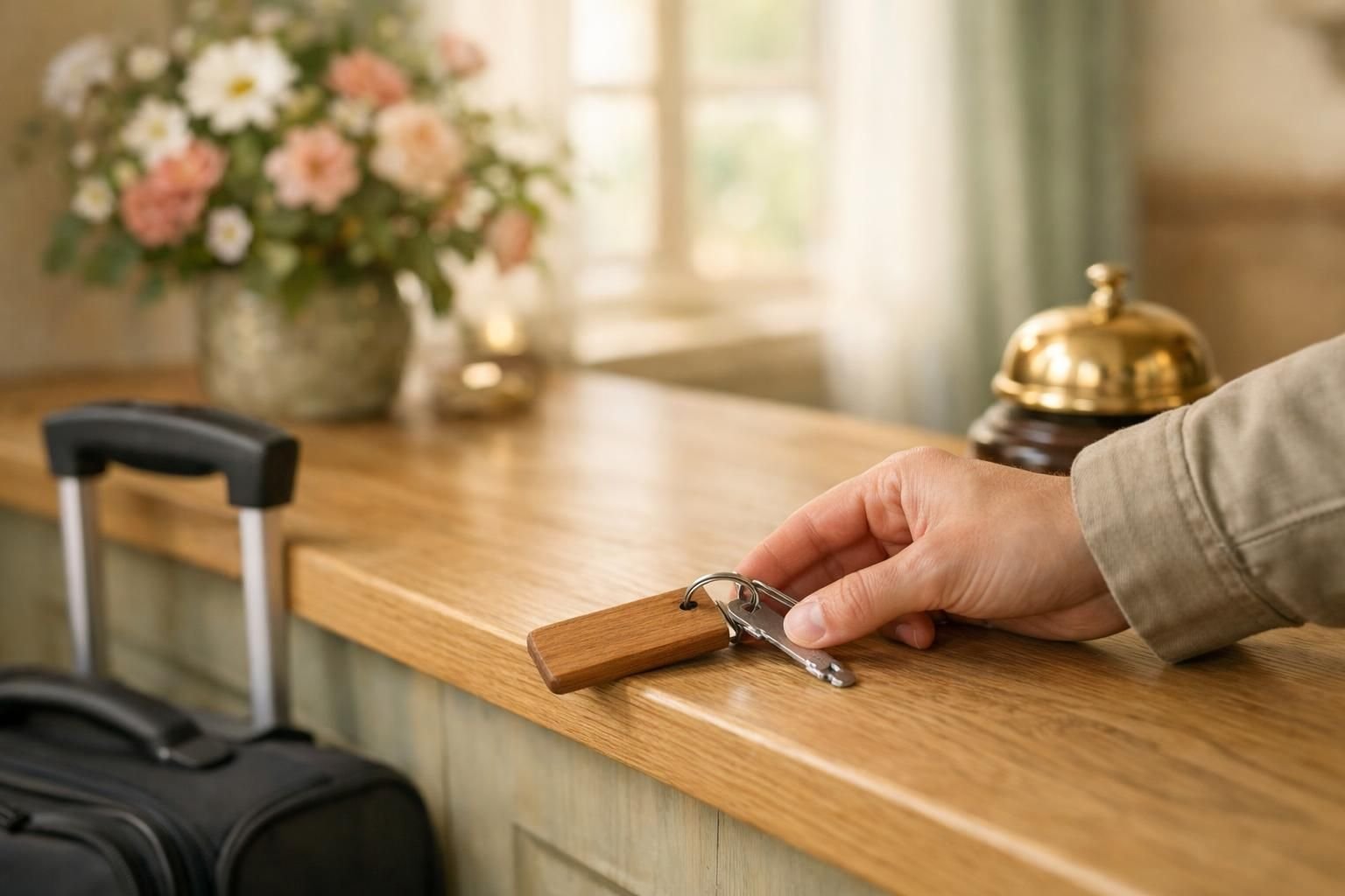 Client rendant la clé de sa chambre à la réception d'un hôtel