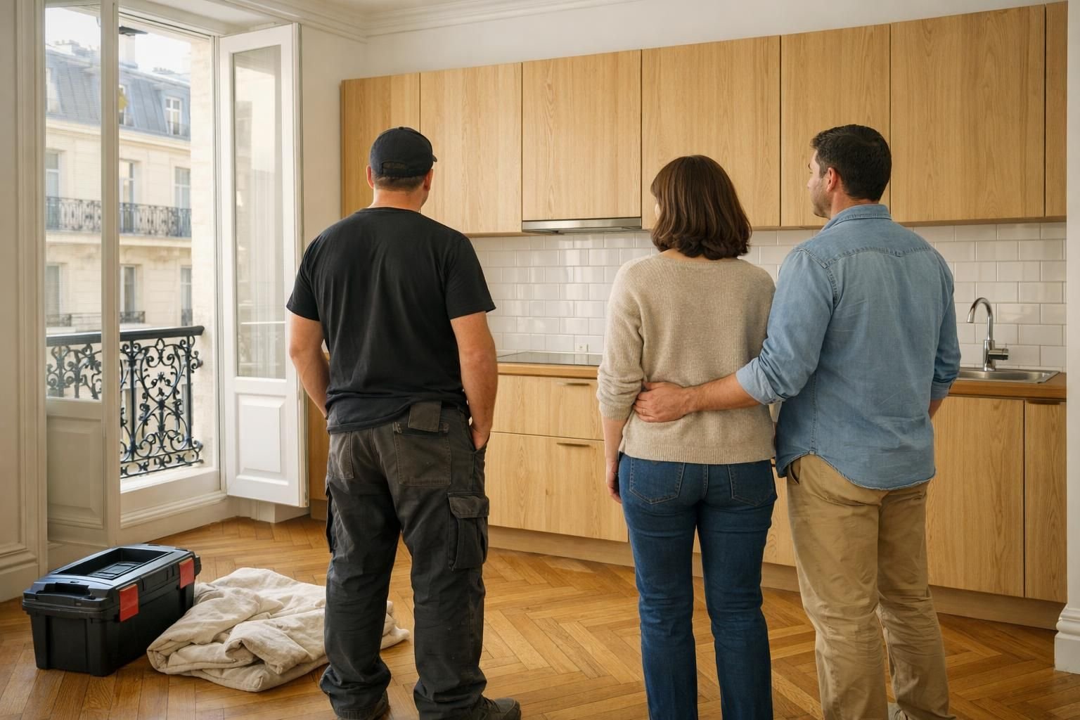 Artisan et clients qui découvrent une cuisine rénovée à la fin du chantier