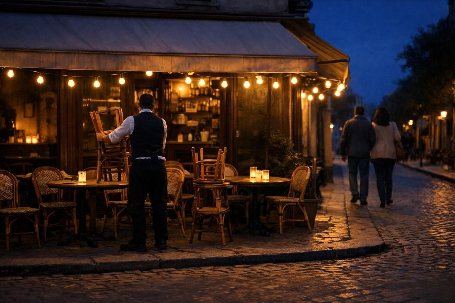 Serveur qui range la terrasse d'un bistrot le soir après le service