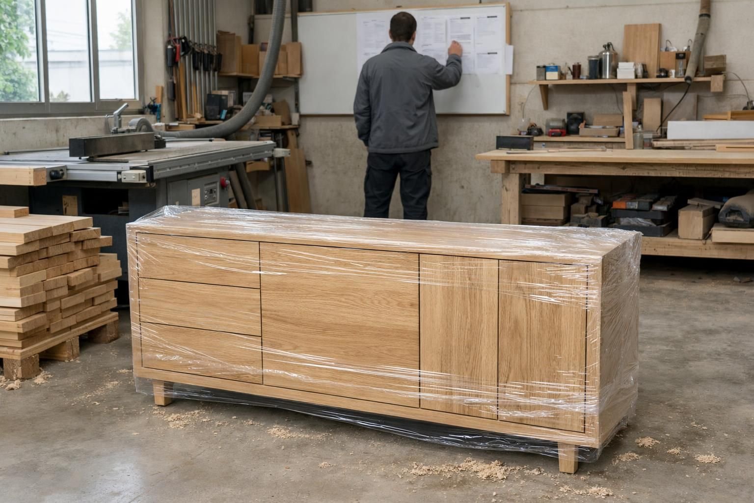Buffet en chêne emballé prêt à livrer dans un atelier de menuiserie