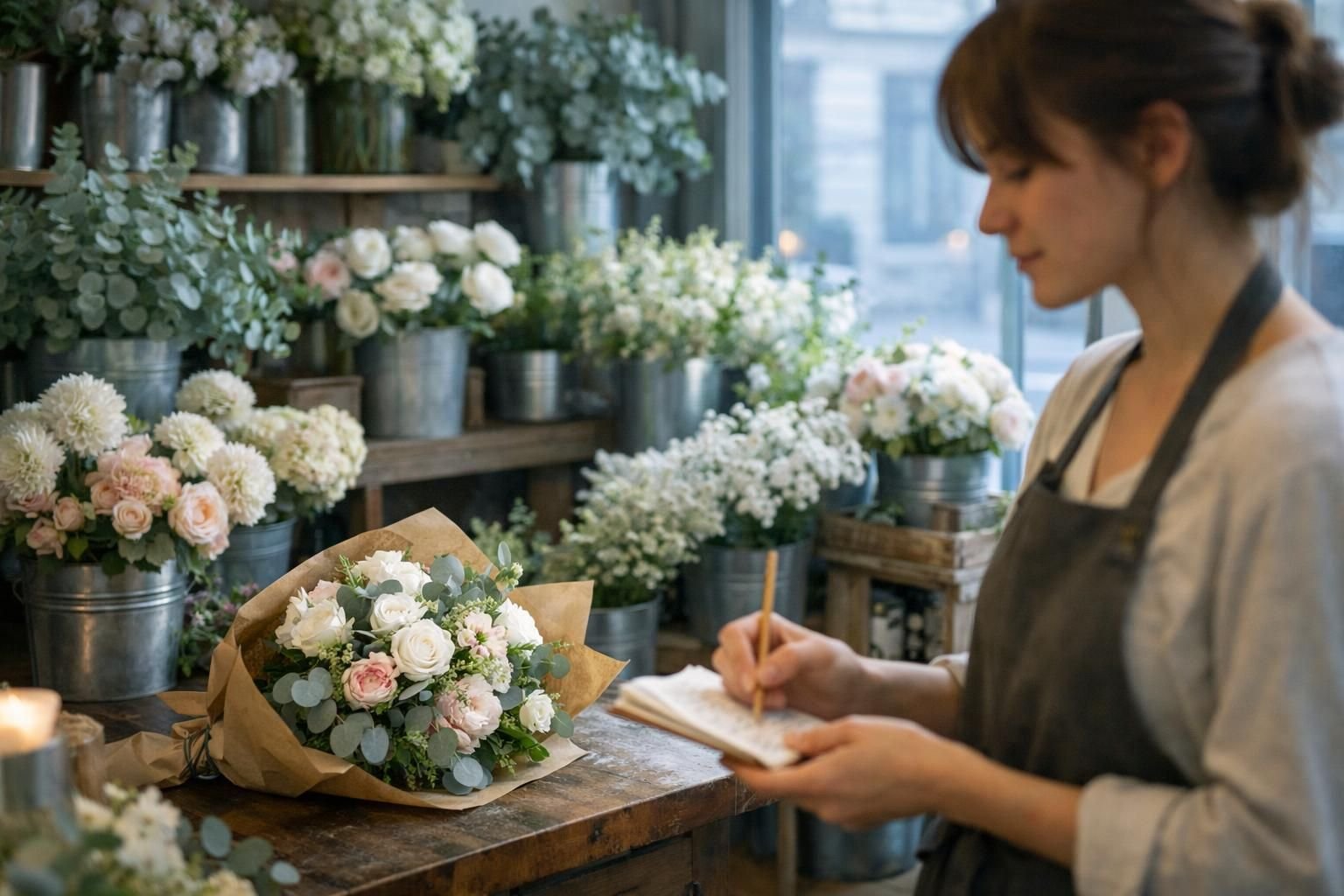 Fleuriste qui vérifie sa liste de commandes dans sa boutique le matin