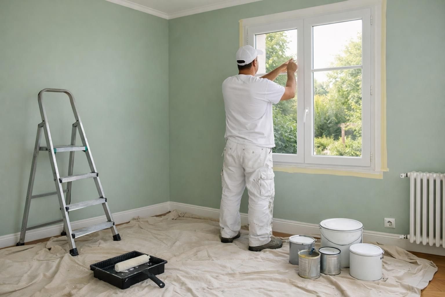 Peintre en bâtiment qui termine un salon fraîchement repeint